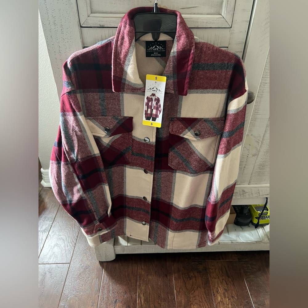 Plaid Women's Shirt Jacket - Burgundy and Cream (NWT!!!)